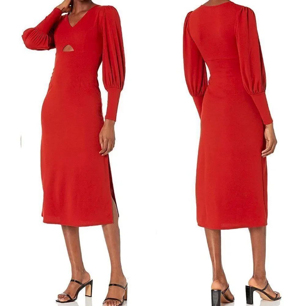 Balloon Sleeve Keyhole Side Slit Midi Dress SIZE L NWT - Picture 3 of 10
